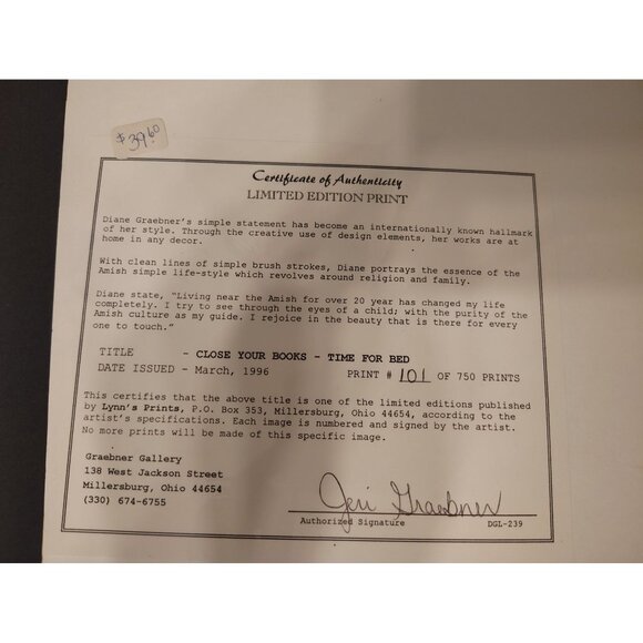 Vintage Diane Graebner Print, Close Your Books, Time for Bed Amish, Signed COA - Picture 5 of 6